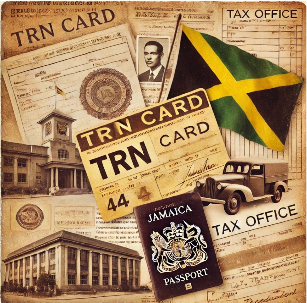 image of Jamaican flag, passport, TRN card, tax office and tax TRN form